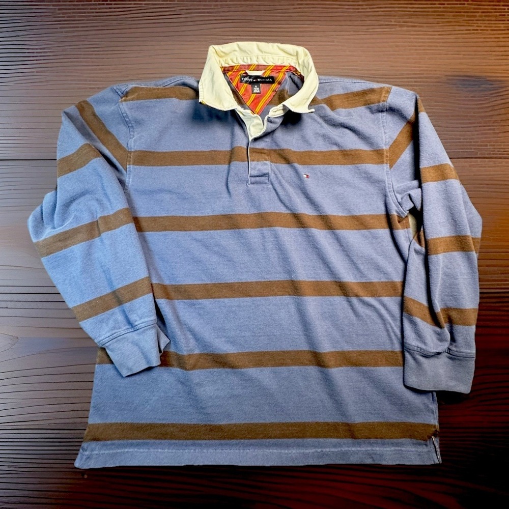 Tommy Hilfiger Men's XL Long Sleeve Rugby Polo Shirt Blue Brown Striped Navy Y2K